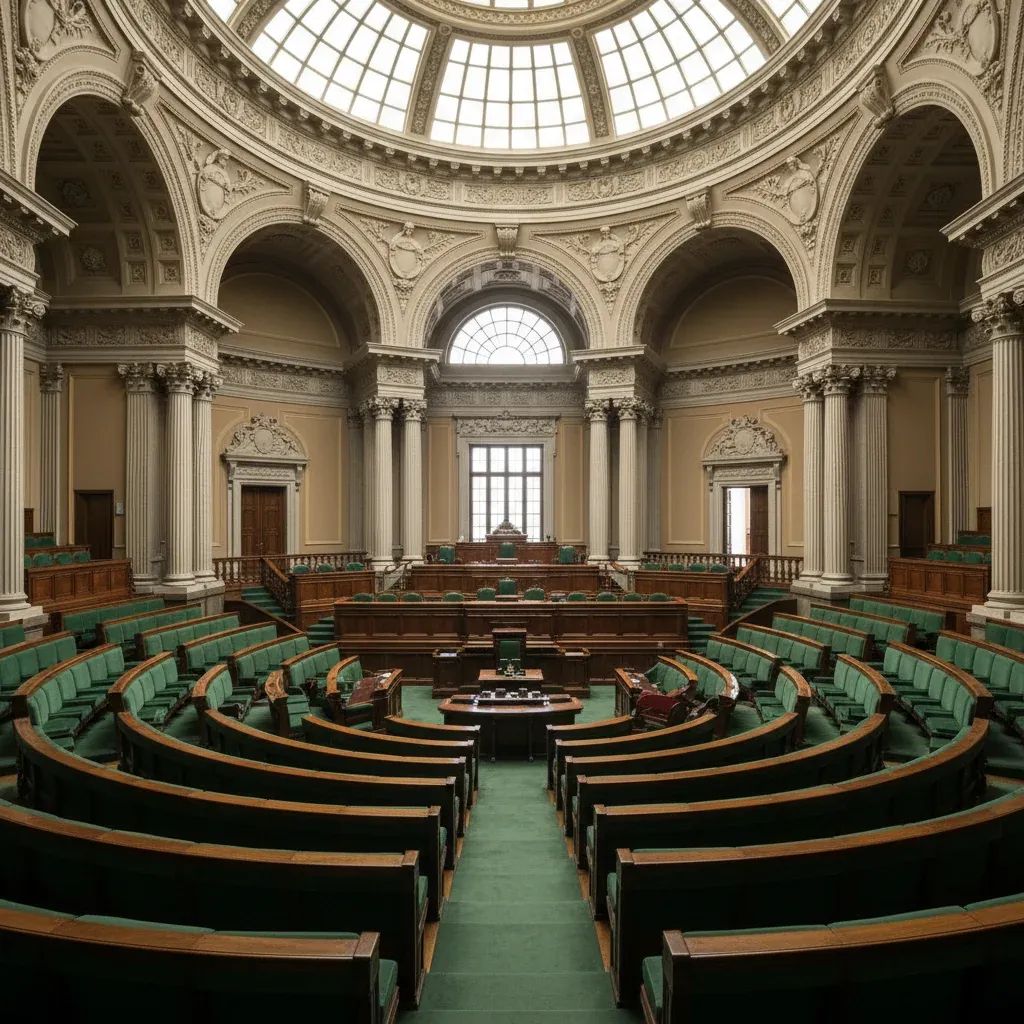Wide-angle photo of Portugal’s parliamentary chamber with empty seats, illustrating debate on MPs’ legal immunity