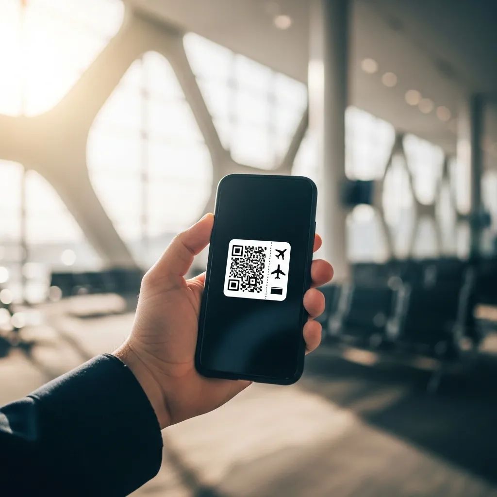 Traveler’s hand holding smartphone with digital boarding pass in modern airport terminal
