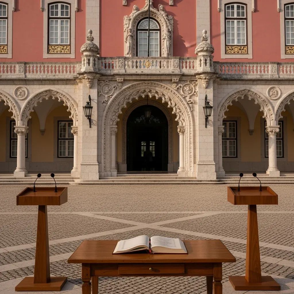 Exterior of Portuguese presidential palace with two empty podiums and an open constitution book