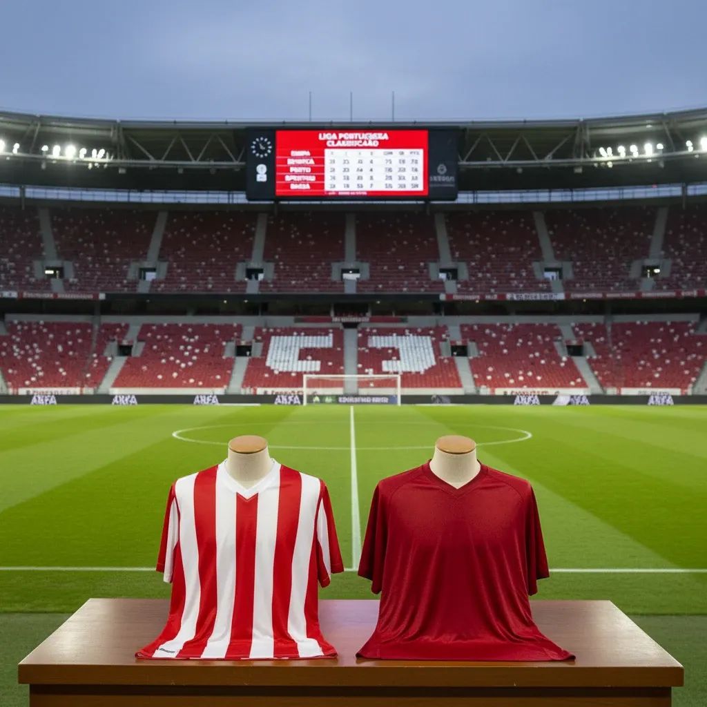 Portuguese football stadium setup showing Gil Vicente vs Benfica matchday preparation with team jerseys and league standings display