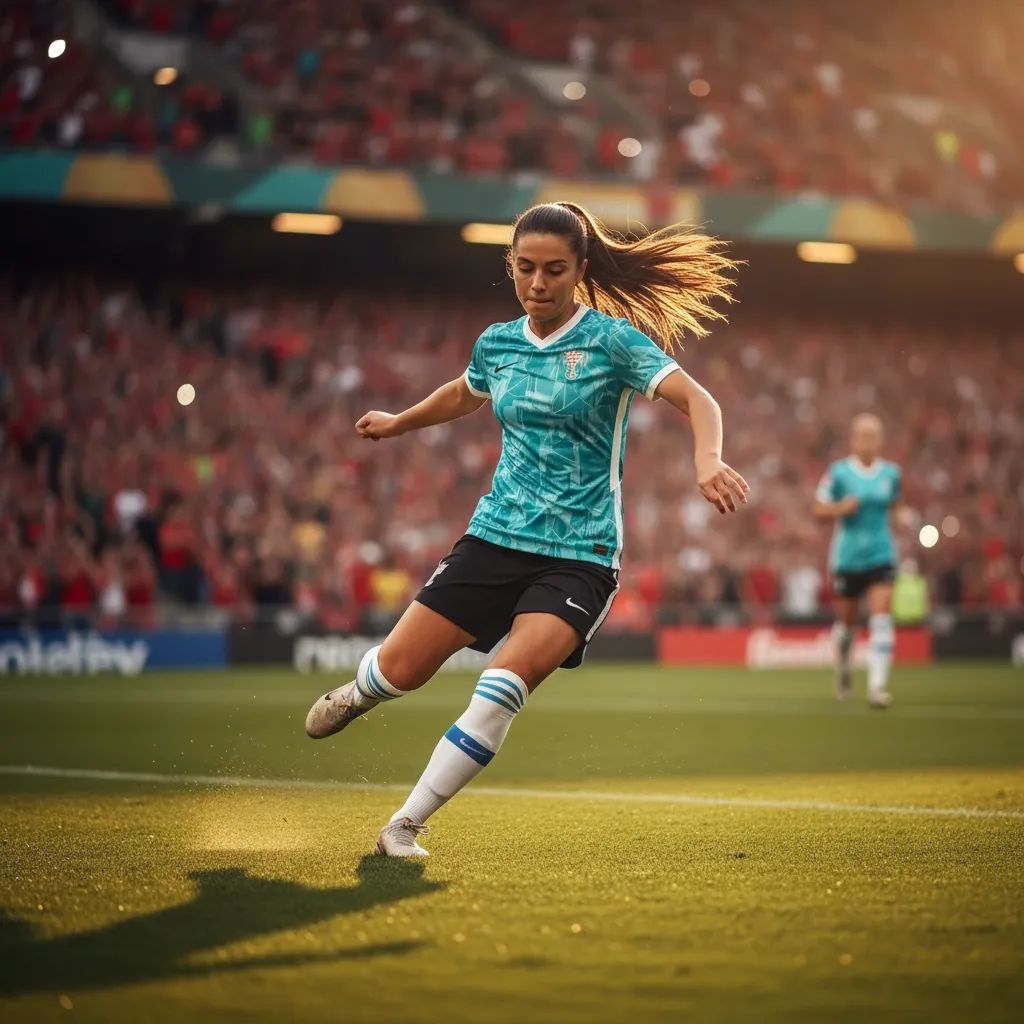 Female footballer in mid-action during match at Portuguese stadium with spectators