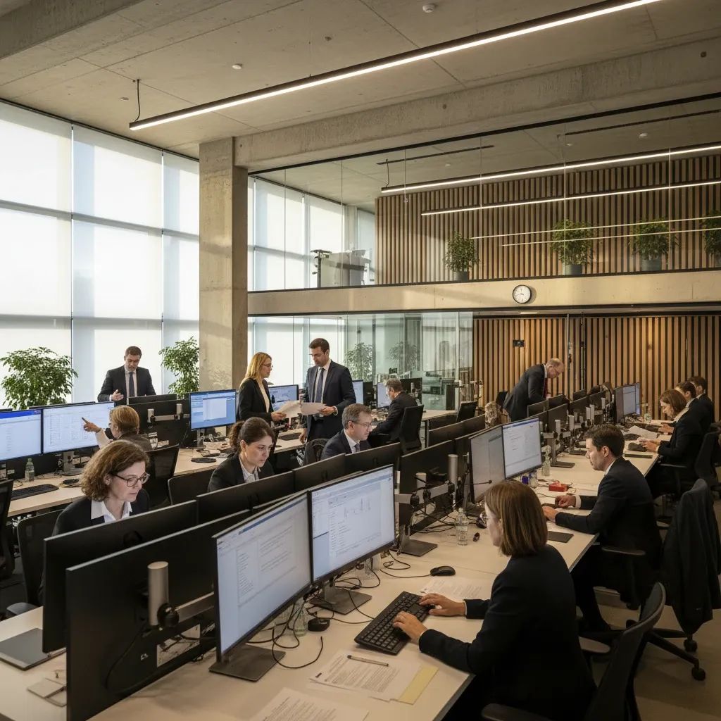 Government officials reviewing administrative documents in modern office setting