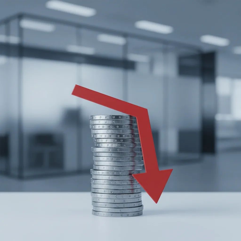 Stacked euro coins with a red downward arrow in front of a bank interior