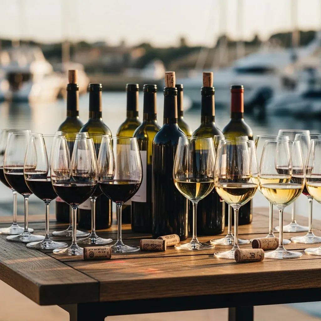 Wine tasting setup with red and white glasses and bottles on a wooden table overlooking a marina