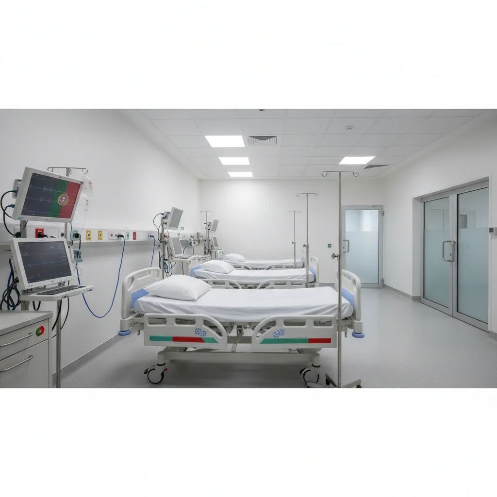 Hospital emergency room interior with medical equipment and monitoring devices