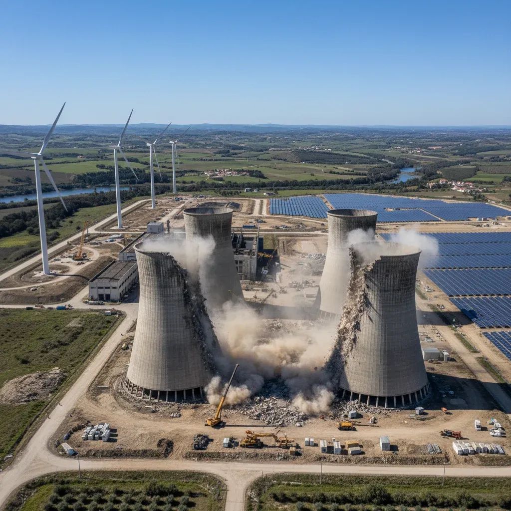 Pego coal plant transformation site showing demolition of old cooling towers with wind turbines and solar panels under construction in background