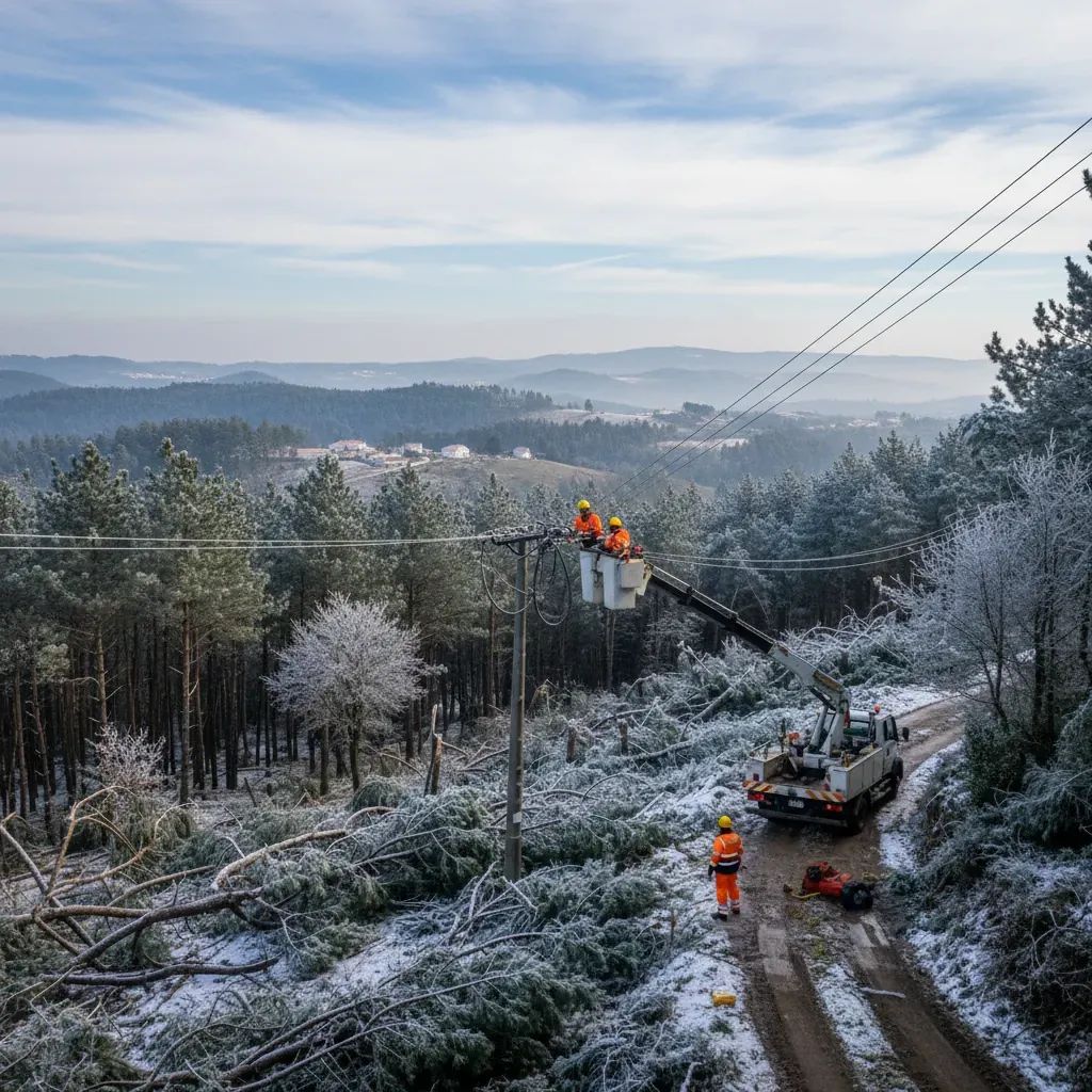 Utility crew repairing storm-damaged power lines in a rural Portuguese pine forest