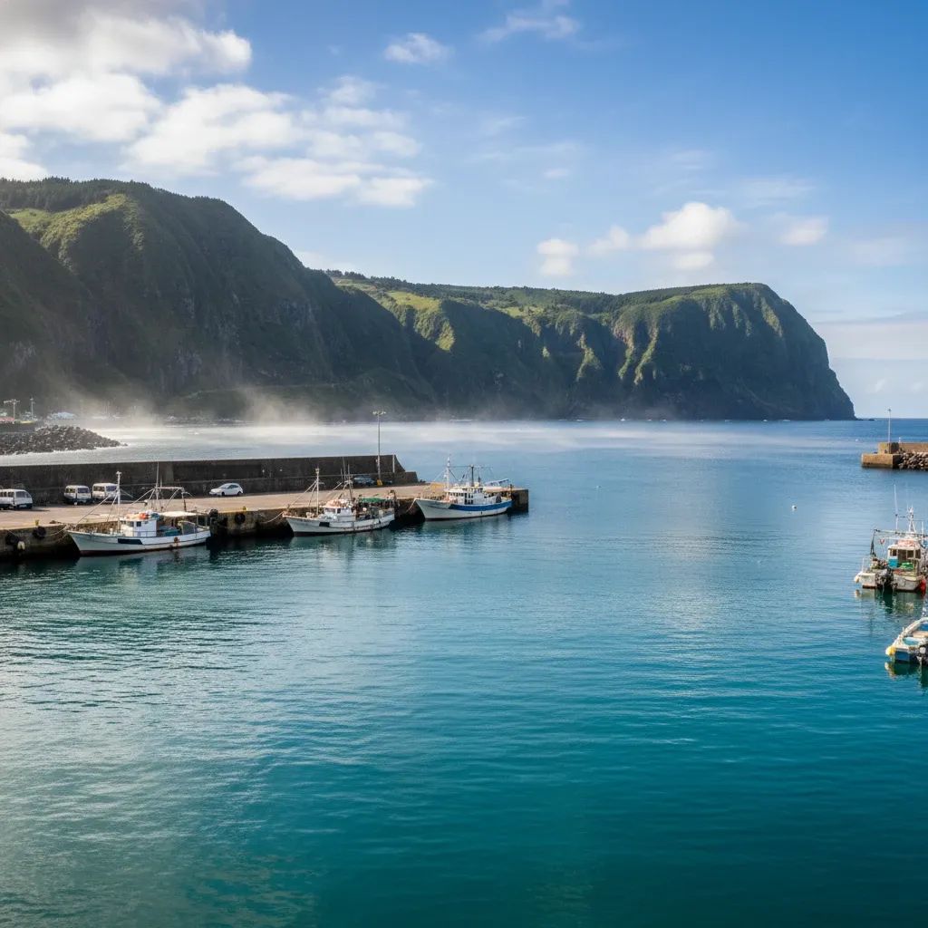 Small fishing boats docked on unusually warm blue waters off São Miguel, Azores, symbolizing rising sea temperatures