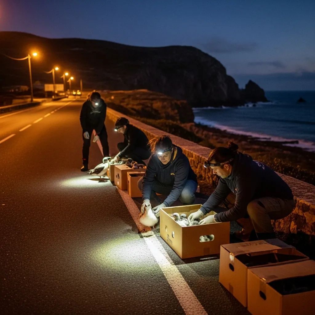 Volunteers with headlamps rescuing Cory’s shearwaters on an Azores coastal road at night
