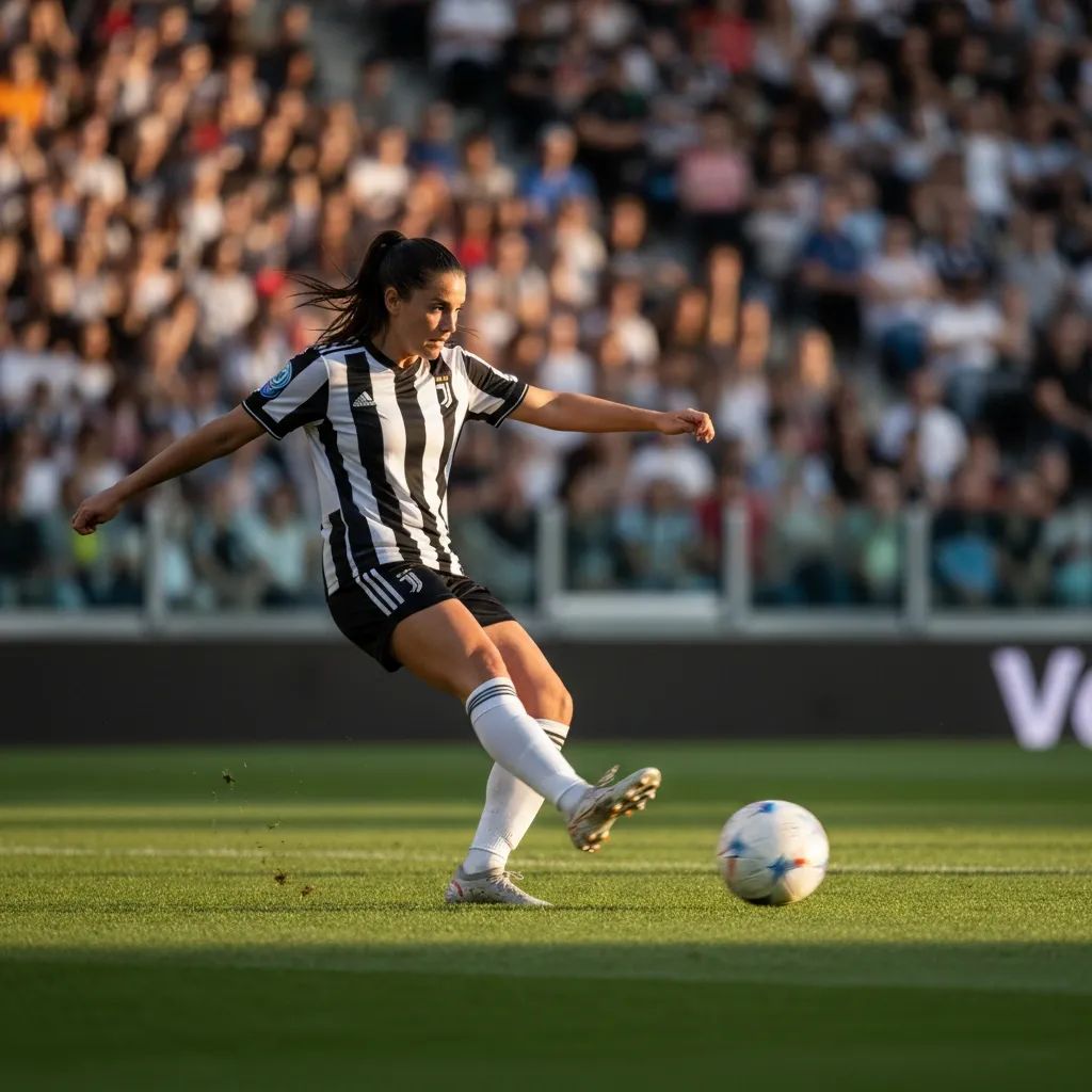Female footballer in black-and-white striped jersey kicking a ball on a stadium pitch