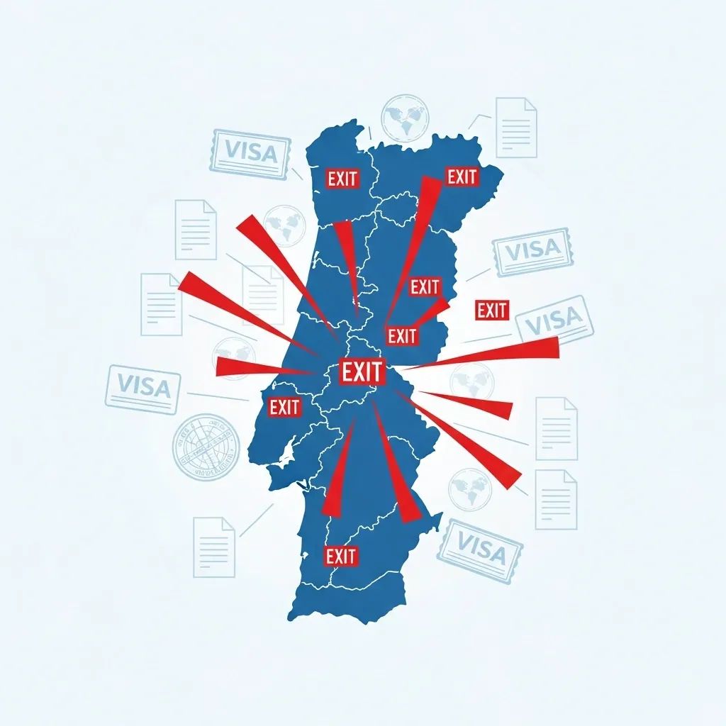 Infographic map of Portugal with exit arrows illustrating migration outflows