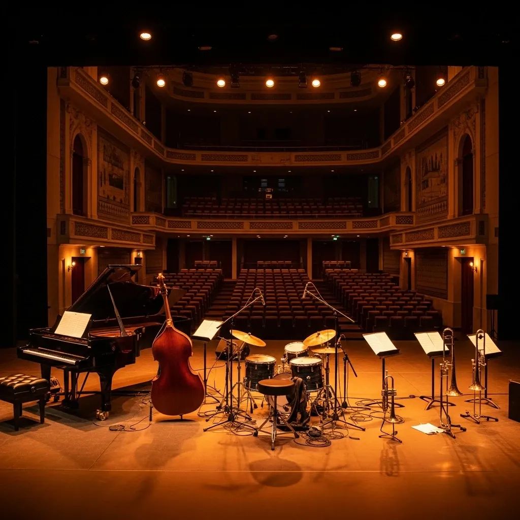 Jazz ensemble instruments set up on stage in an empty Portuguese concert hall
