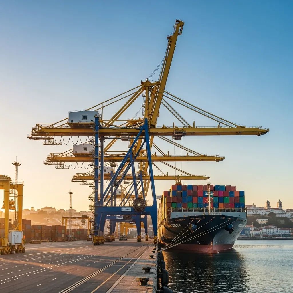 Cargo containers and cranes at a Portuguese port illustrating export growth