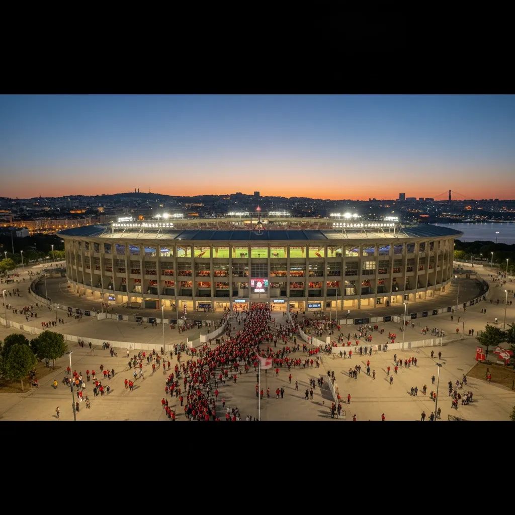 Crowds gather outside floodlit Estádio da Luz in Lisbon ahead of the Benfica–Real Madrid clash