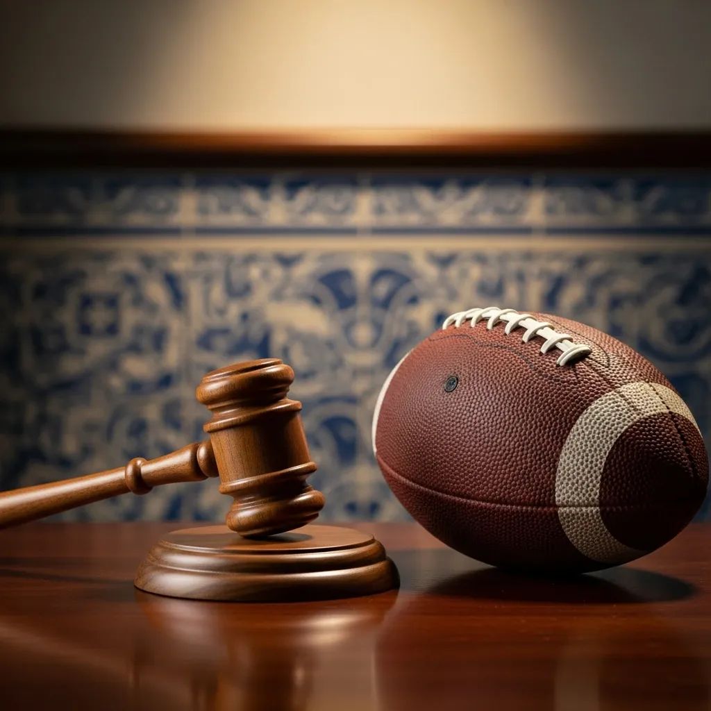 Gavel and football on a desk with Portuguese tile backdrop symbolizing sports defamation ruling