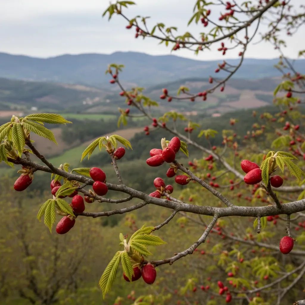 Close-up of chestnut tree branches showing red galls caused by Asian wasp infestation in Bragança region
