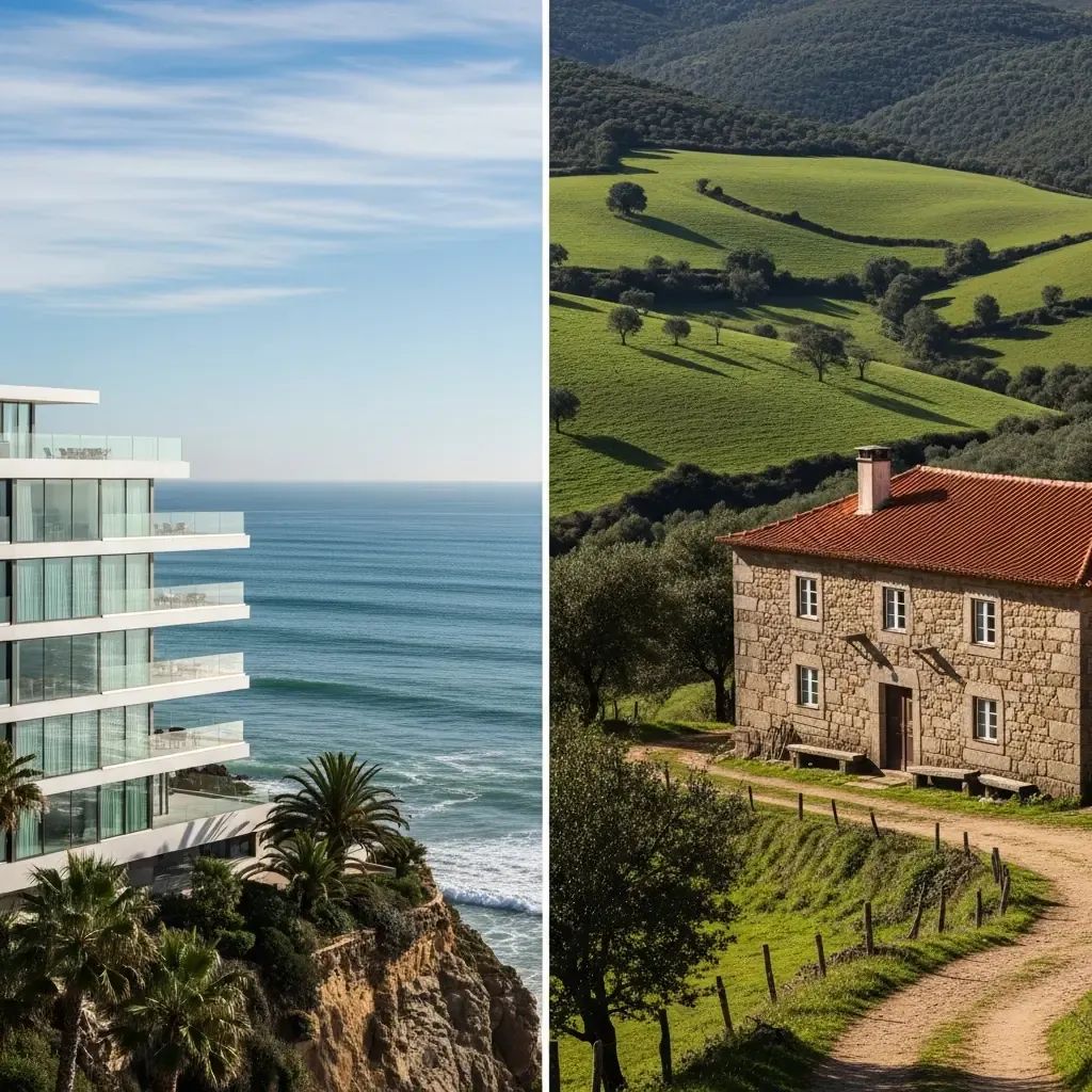 Split image of coastal apartment building and countryside farmhouse in Portugal illustrating housing price divide