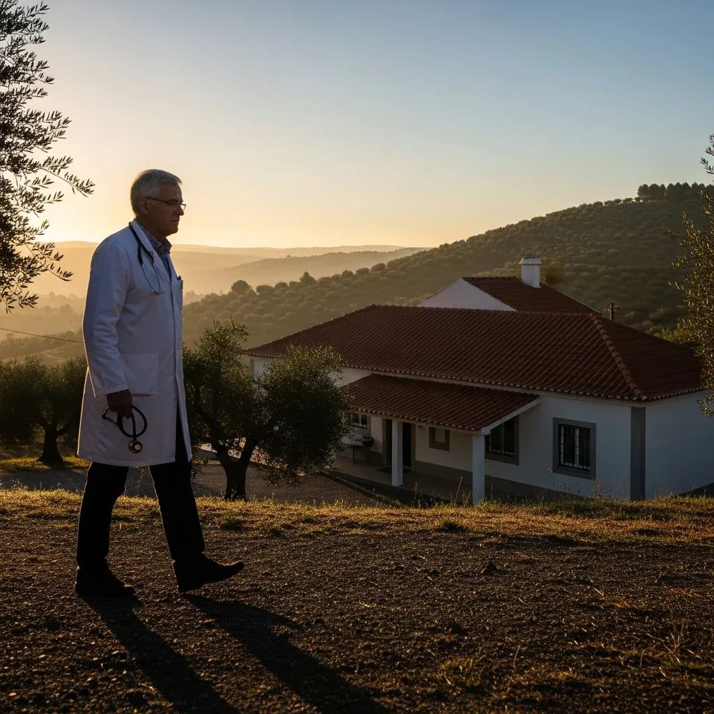 Silhouette of an older doctor walking to a rural health centre in the Portuguese countryside