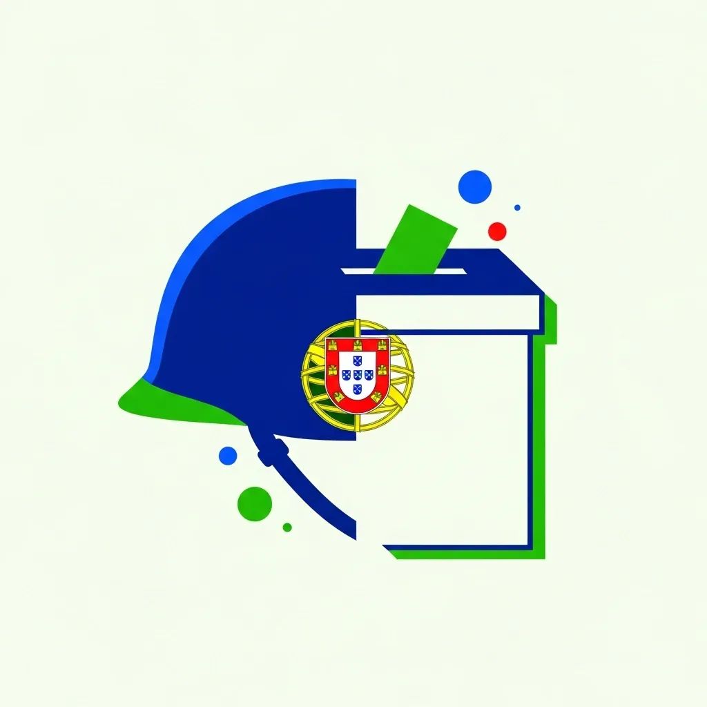Silhouette of a military helmet merging into a ballot box with Portuguese color accents