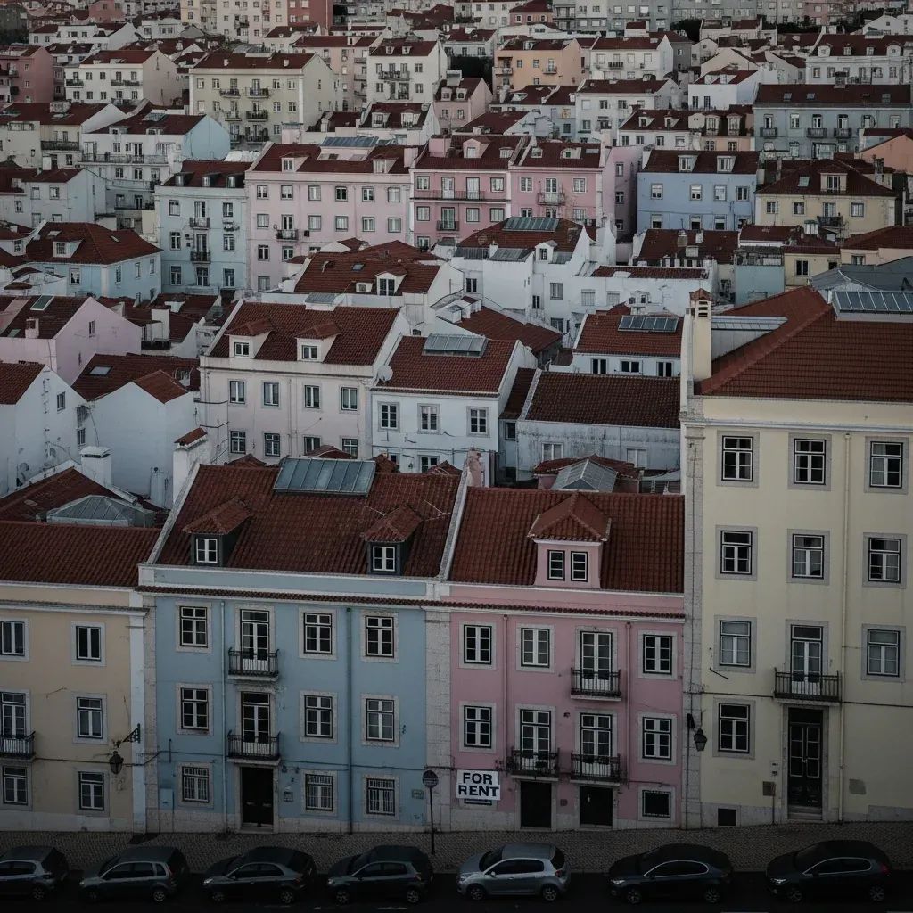 Lisbon residential street with For Rent sign highlighting housing squeeze for young adults