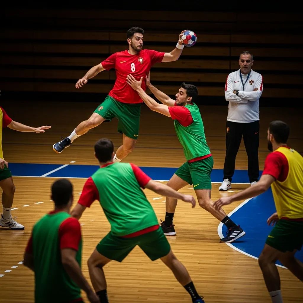 Portuguese handball team training on an indoor court ahead of Euro 2026