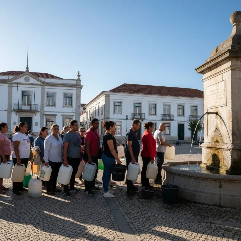 Residents queuing at a public fountain in Marinha Grande to collect water during the outage