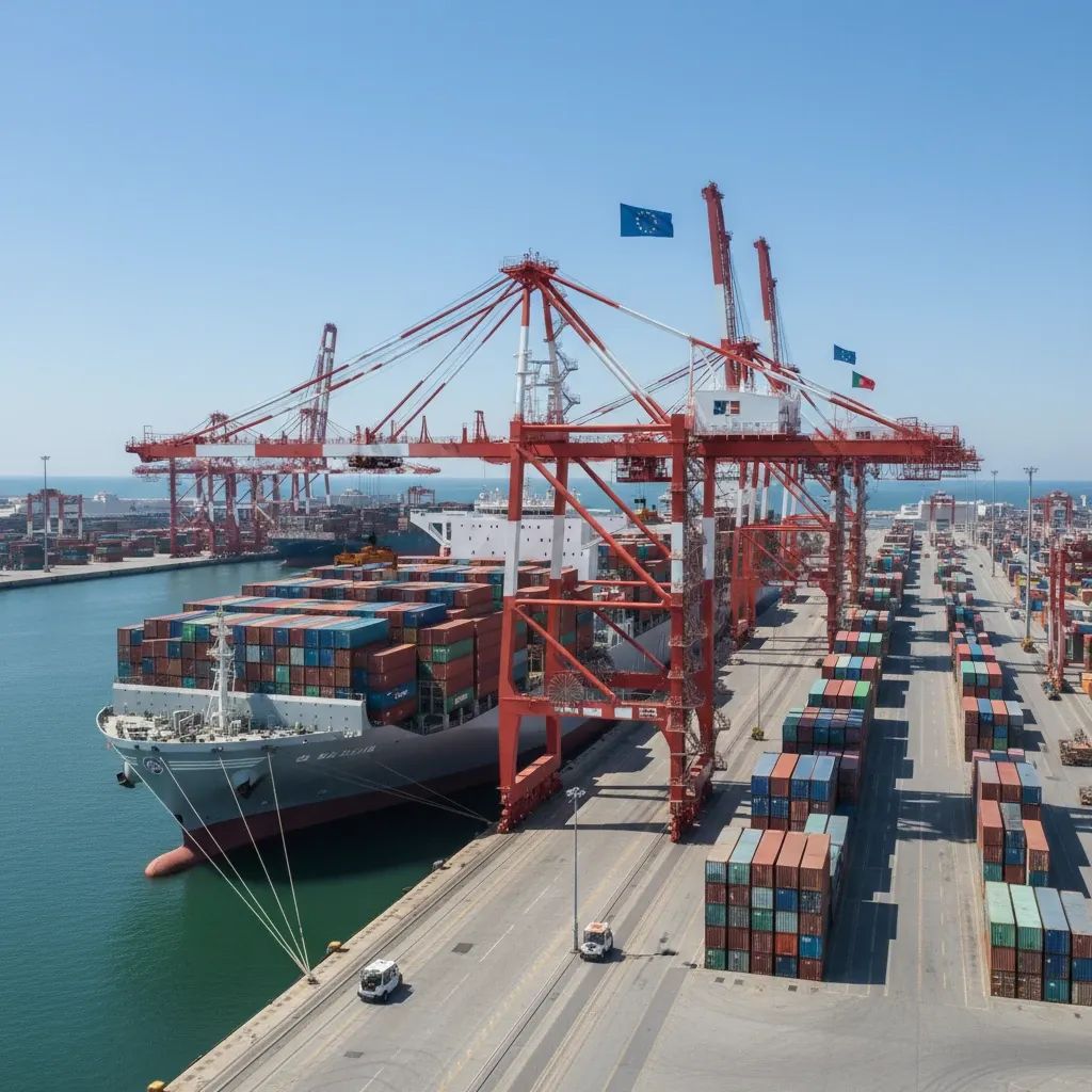 Modern cargo ship in European port with maritime infrastructure and port cranes