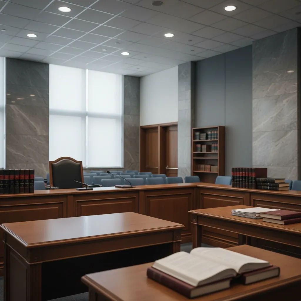 Courtroom interior with judge's bench and law books representing judicial authority and legal proceedings