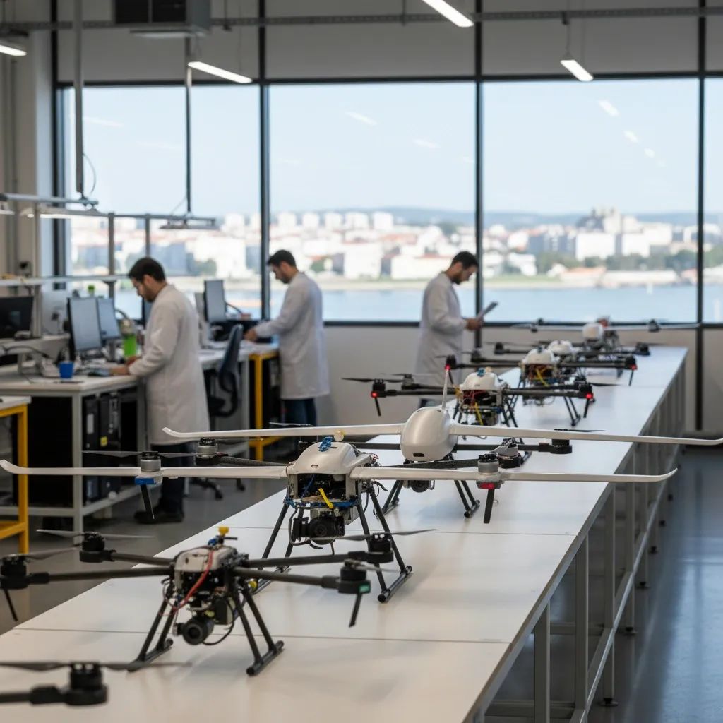 Drones on assembly line in a Portuguese tech workshop with engineers in background