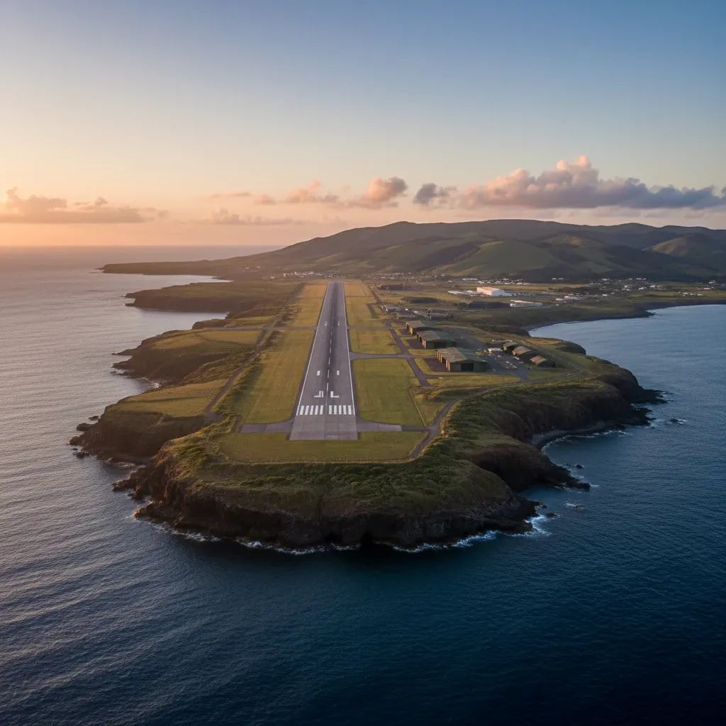 Azores military air base facilities with runway visible in scenic island landscape