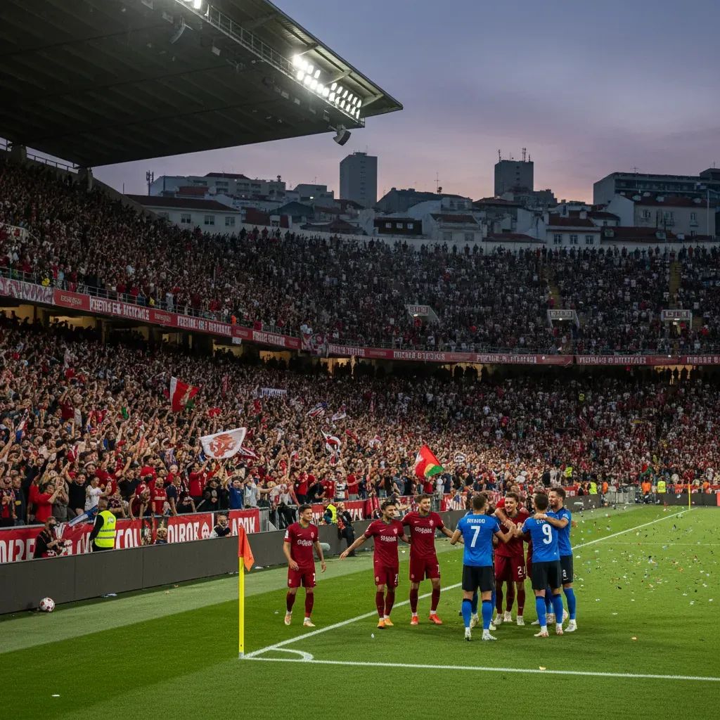 Packed Portuguese stadium at night as players celebrate a late 1-0 goal amid cheering fans