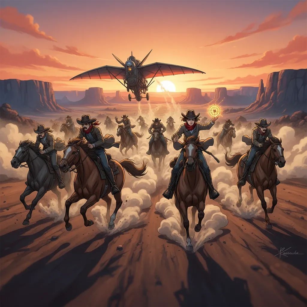 Anime-style illustration of protagonists racing across desert landscape with dynamic action poses