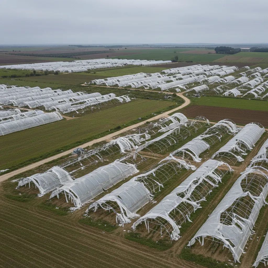 Damaged plastic greenhouse tunnels in Odemira farmland after Storm Kristin