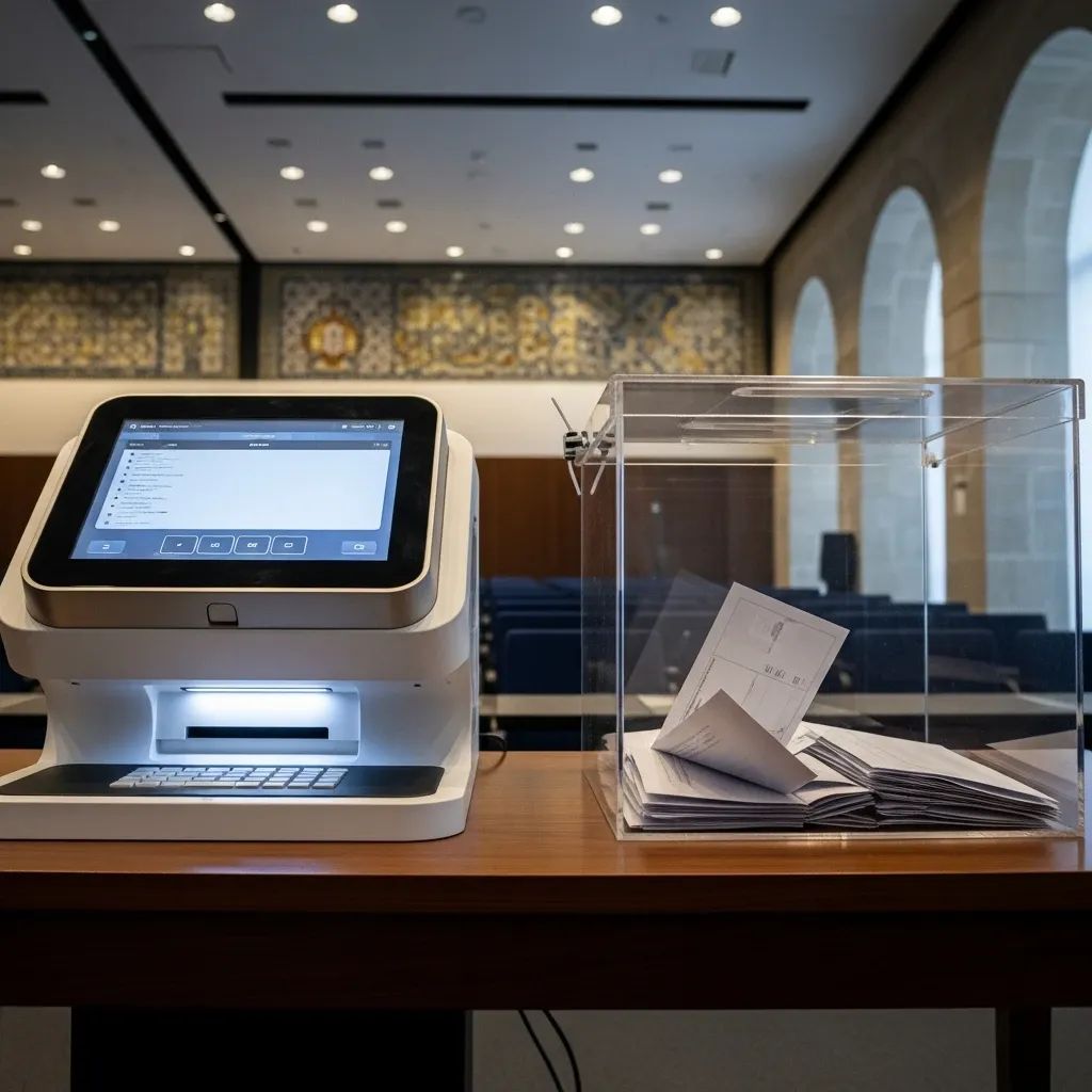 Electronic voting machine and ballot box in a Portuguese conference hall for a political congress
