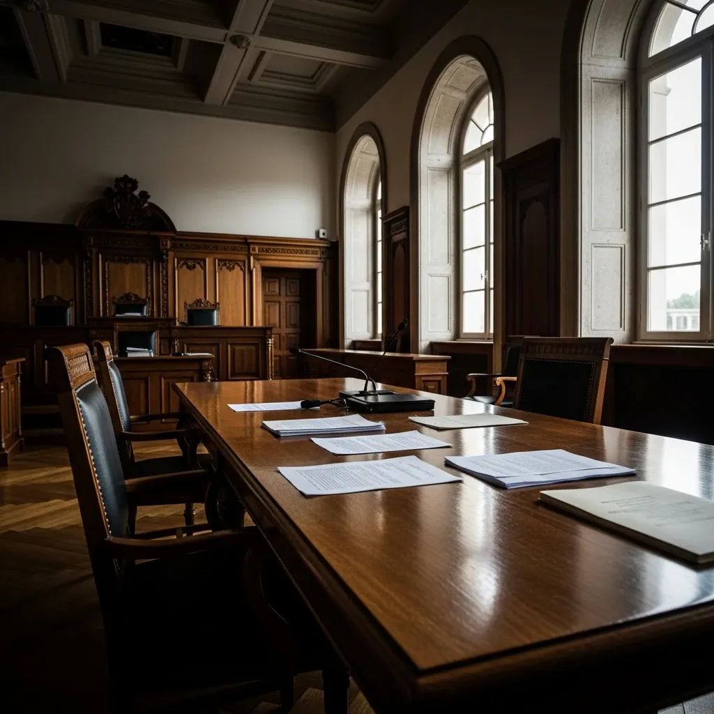 Empty defence table and chairs in a Portuguese courtroom interior