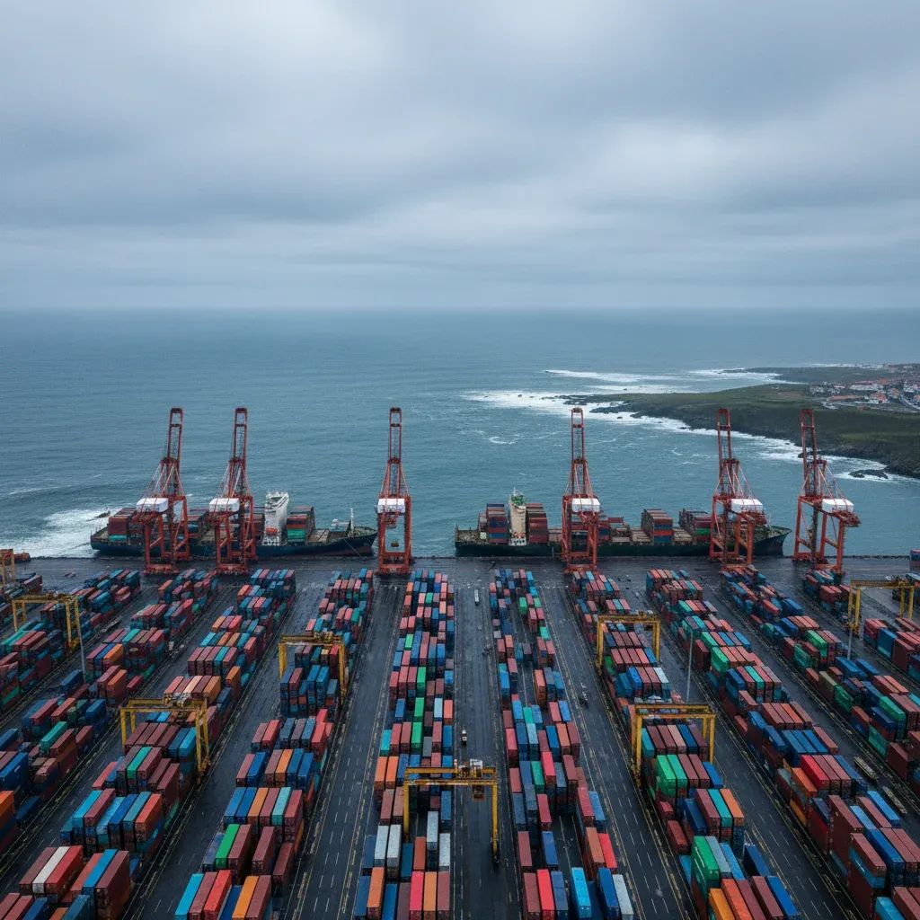 Container cranes and stacked shipping containers at a Northern Portugal port