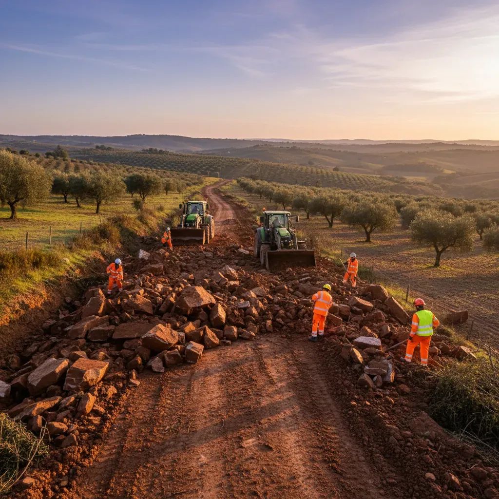 Emergency crews clearing mud and boulders from a hillside road after a landslide near Portalegre