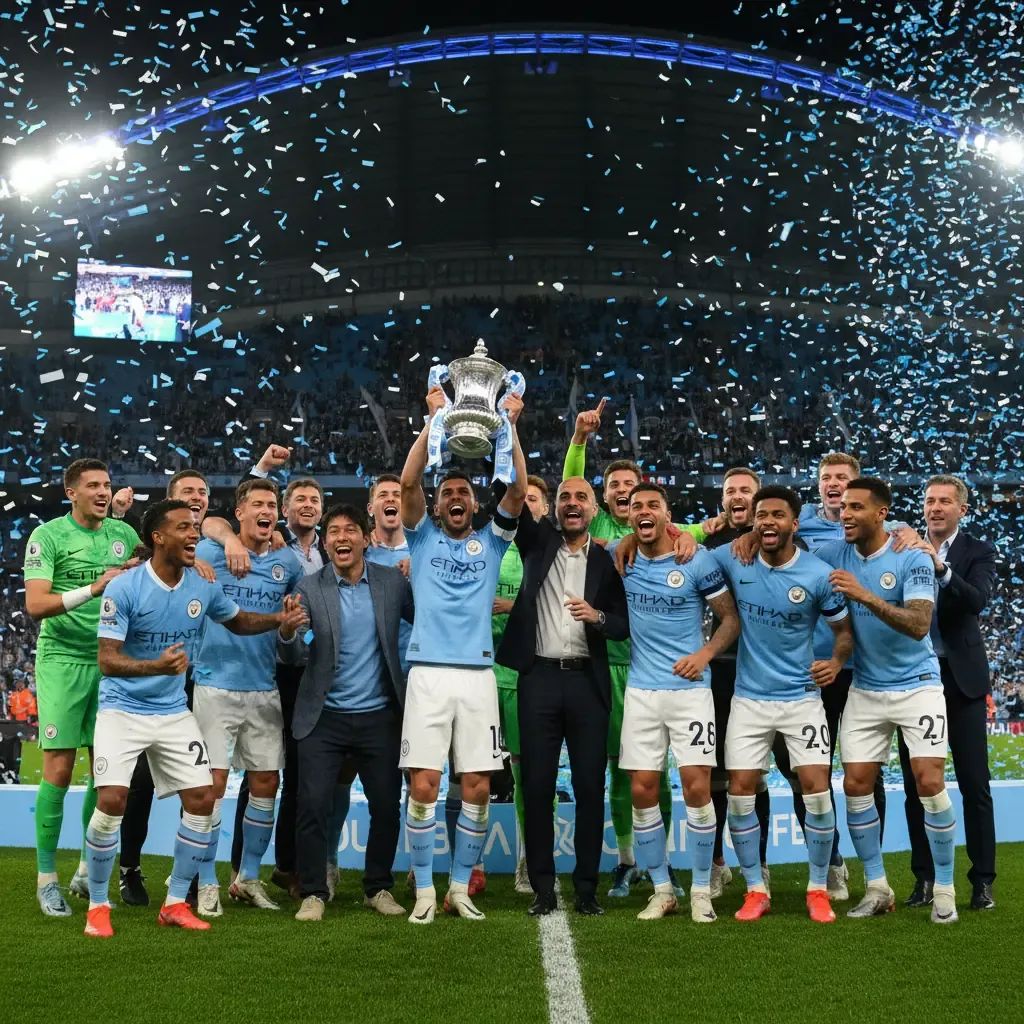 Manchester City players celebrating with Carabao Cup trophy at Wembley Stadium after defeating Arsenal