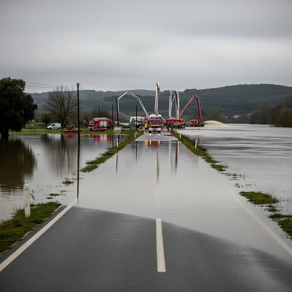 Submerged rural road near the Tagus River with emergency vehicles responding to floodwater