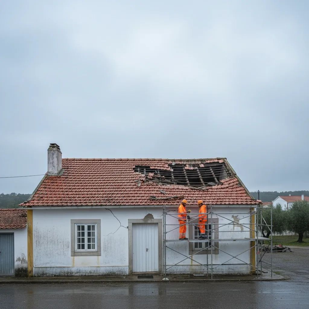 Portuguese home with storm-damaged roof as workers start urgent repairs under cloudy skies