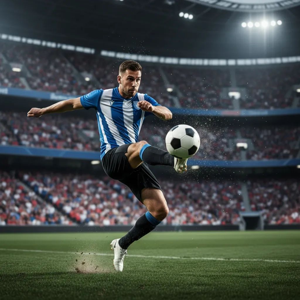 Football player executing a volley strike during Serie A match with stadium background