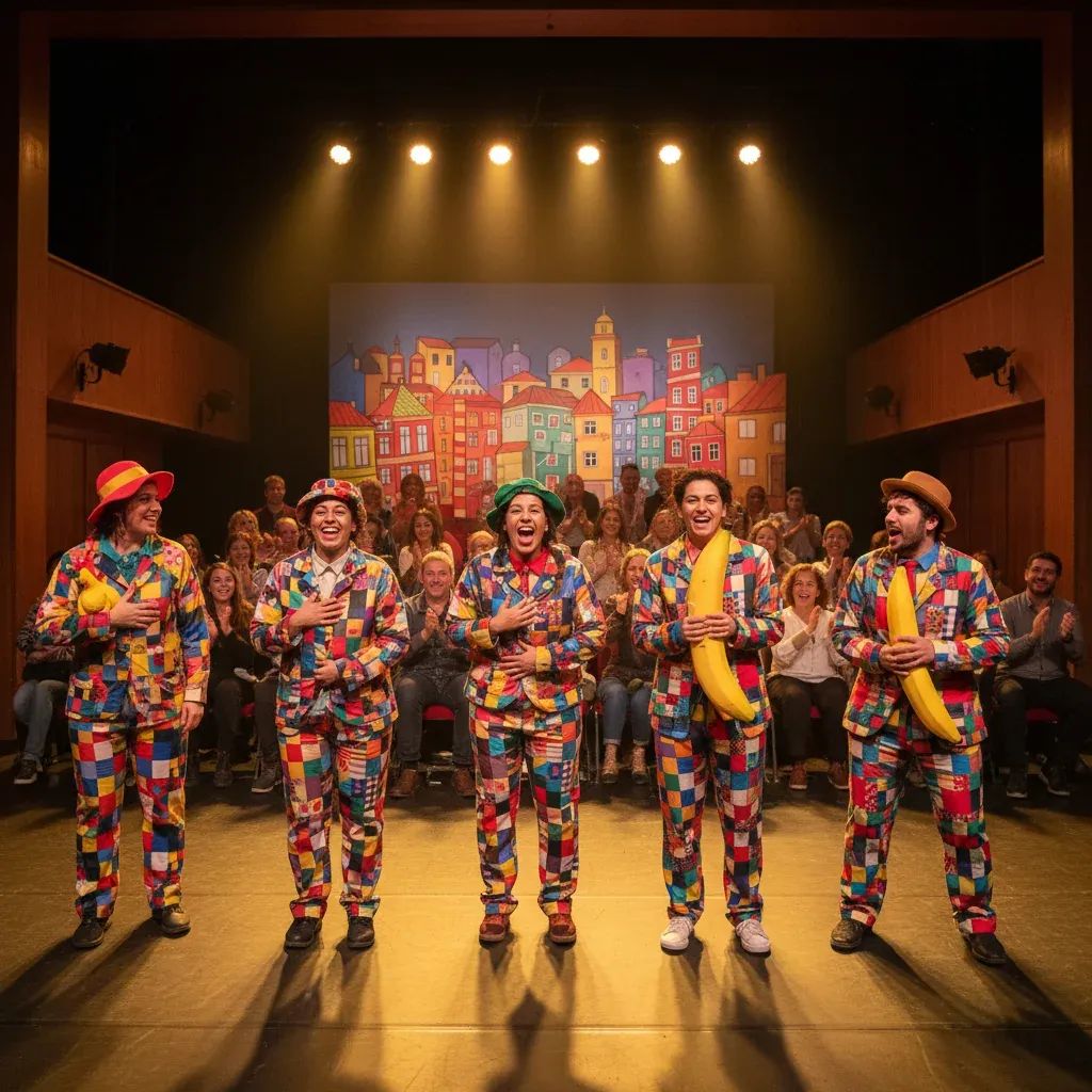 Amateur theater troupe performing on stage with warm stage lighting at Portuguese cultural venue