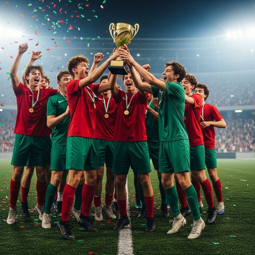 Young Portuguese U-17 football players lifting the World Cup trophy in celebration on a stadium pitch