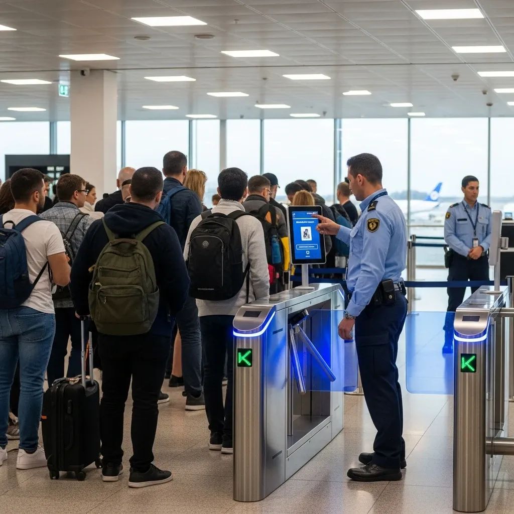 Queue of travellers at Lisbon Airport immigration checkpoint with biometric gates and security officers