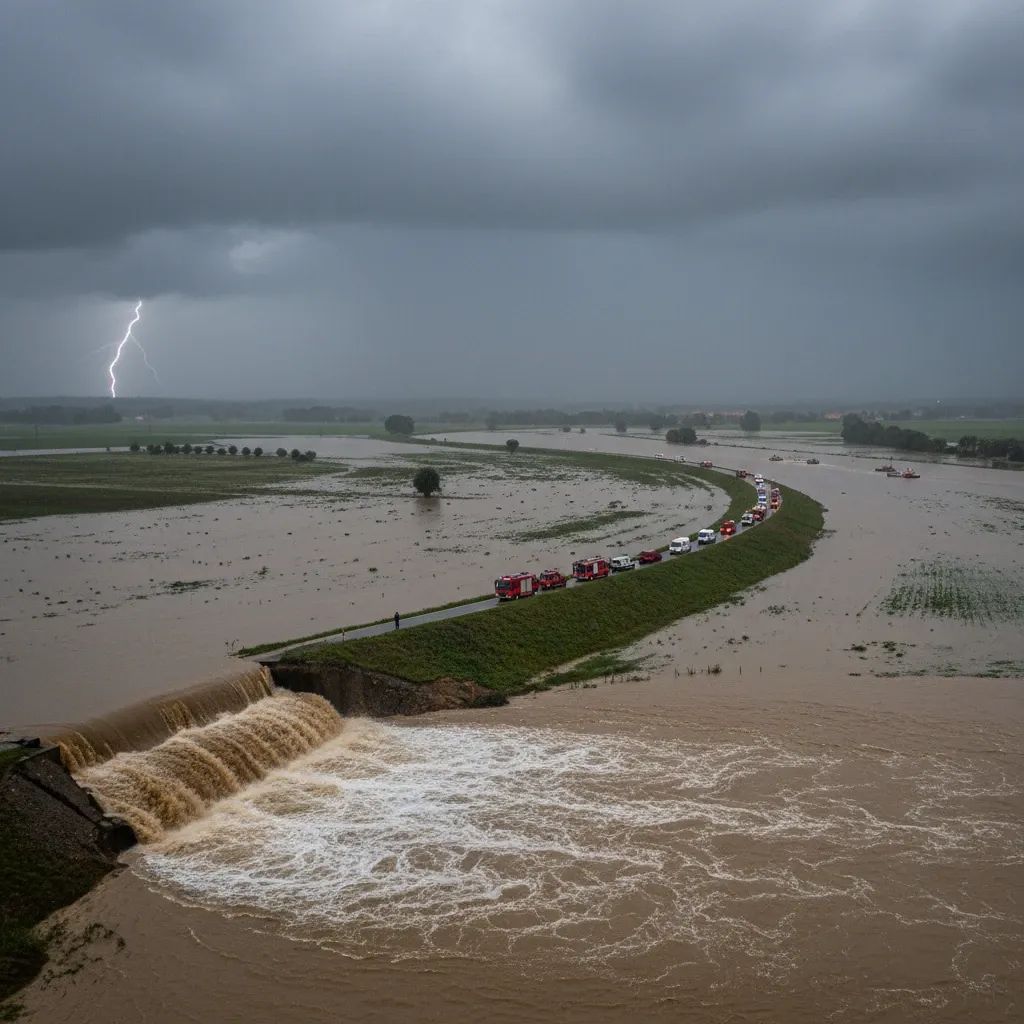 Flooded Mondego River basin with broken dike and submerged fields during 2026 emergency response