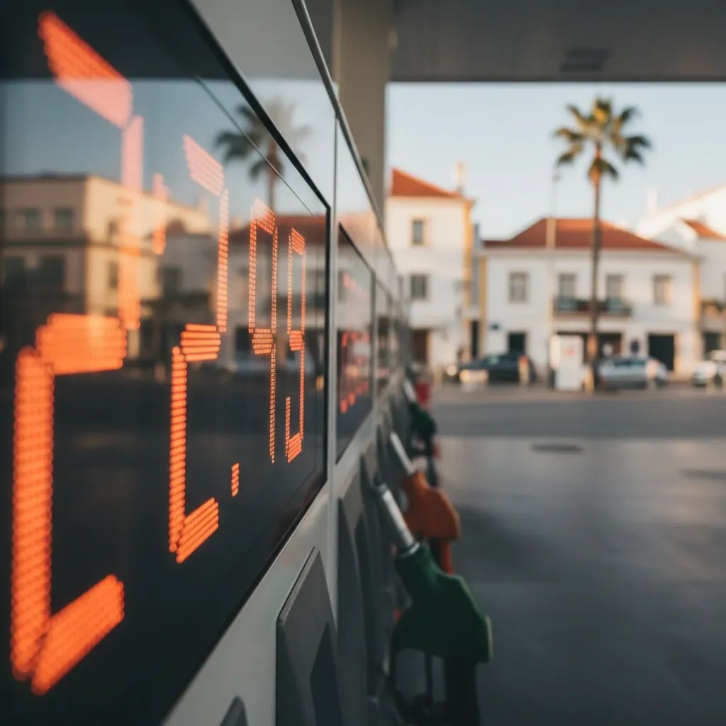 Portuguese fuel station displaying elevated diesel and petrol prices on illuminated price board