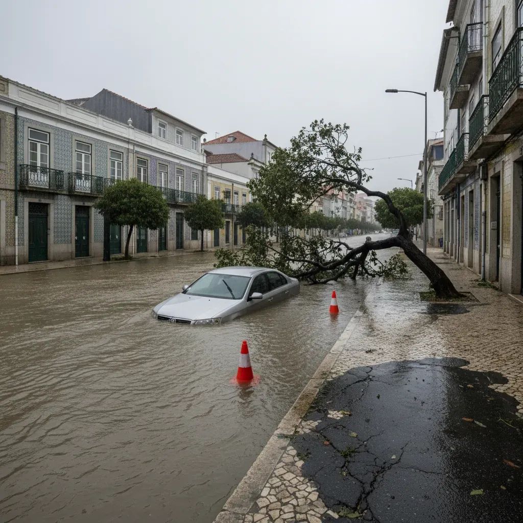 Flooded urban street in Portugal with a submerged car and fallen tree after storm