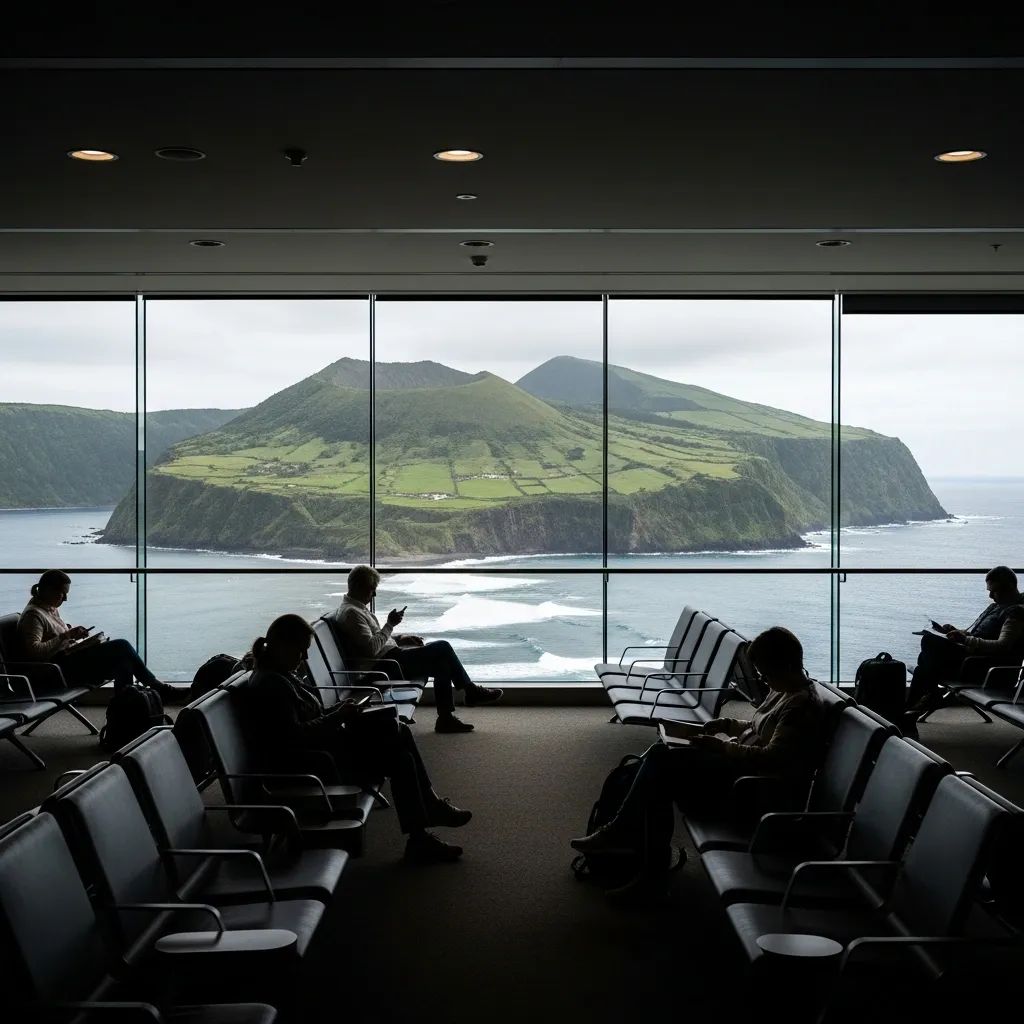 Nearly empty airport terminal overlooking an Azores volcanic island through large windows