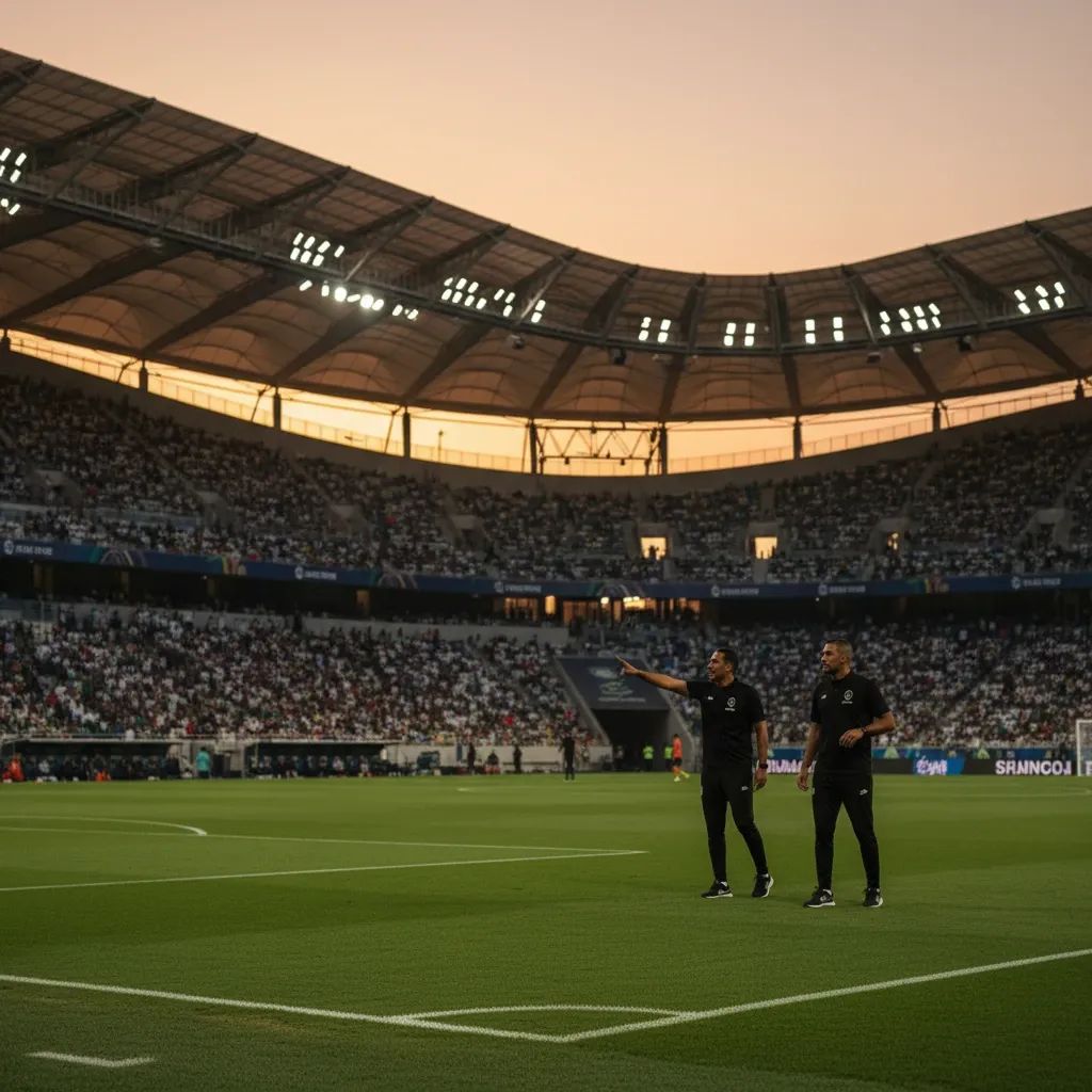 Football stadium in Jeddah with coaches on sideline during Asian Champions League match