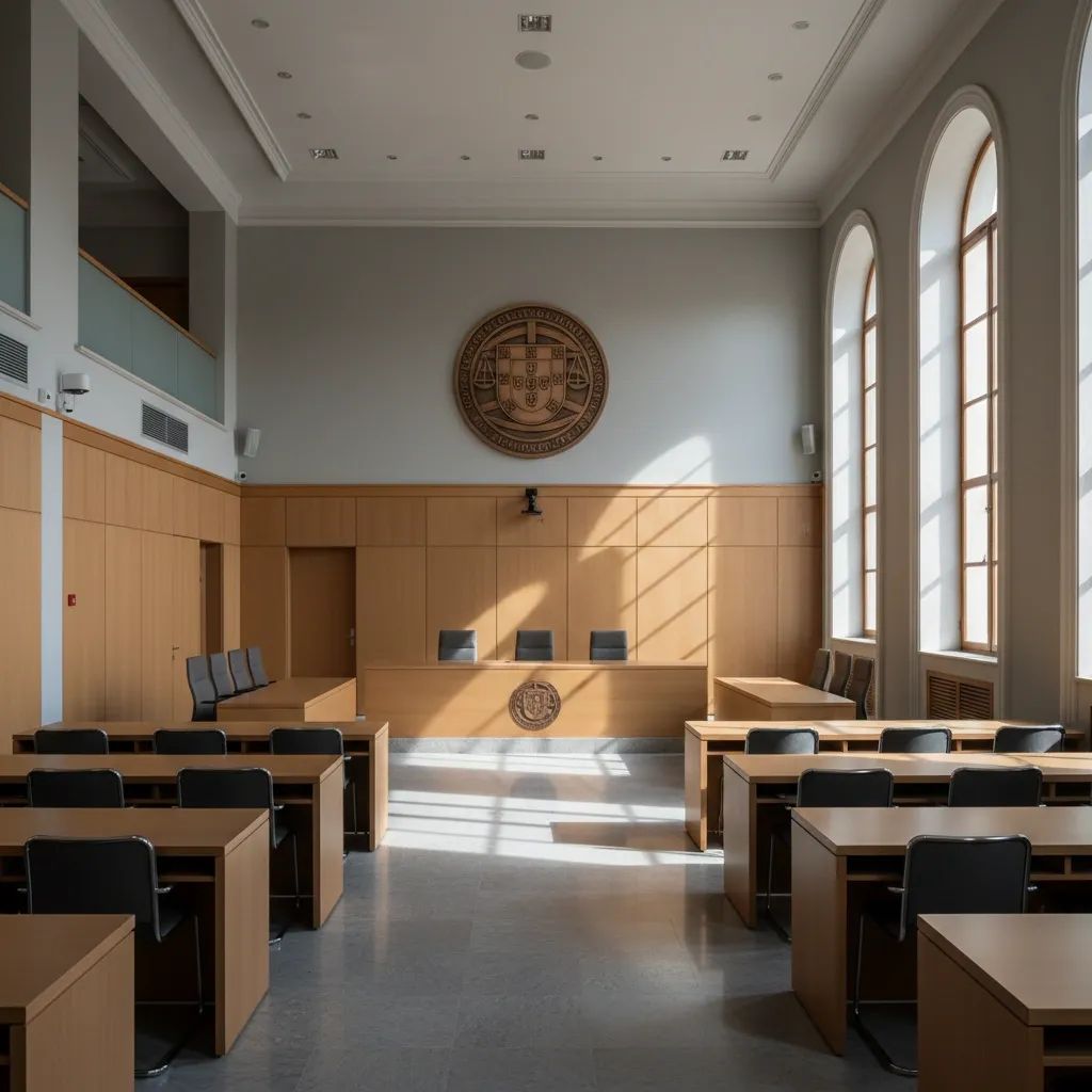 Portuguese courtroom interior representing judicial system and legal proceedings